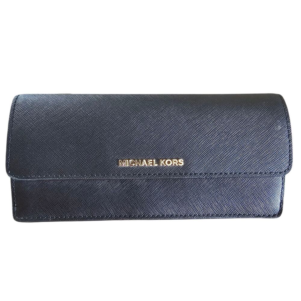 Michael Kors Jet Set Travel Double Top Zip Black Leather Wallet Purse